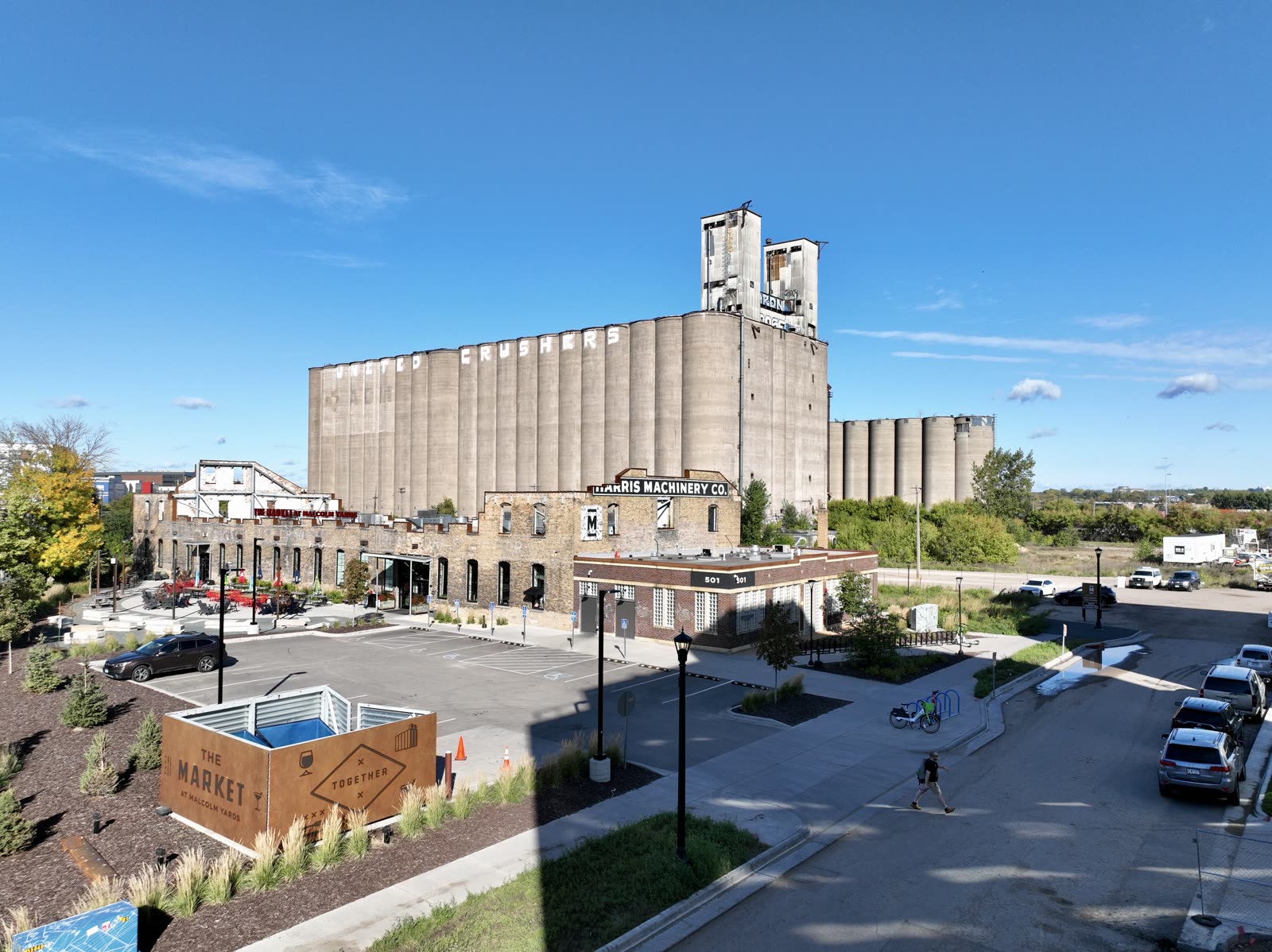 The United Crushers grain silos above the Market at Malcolm Yards