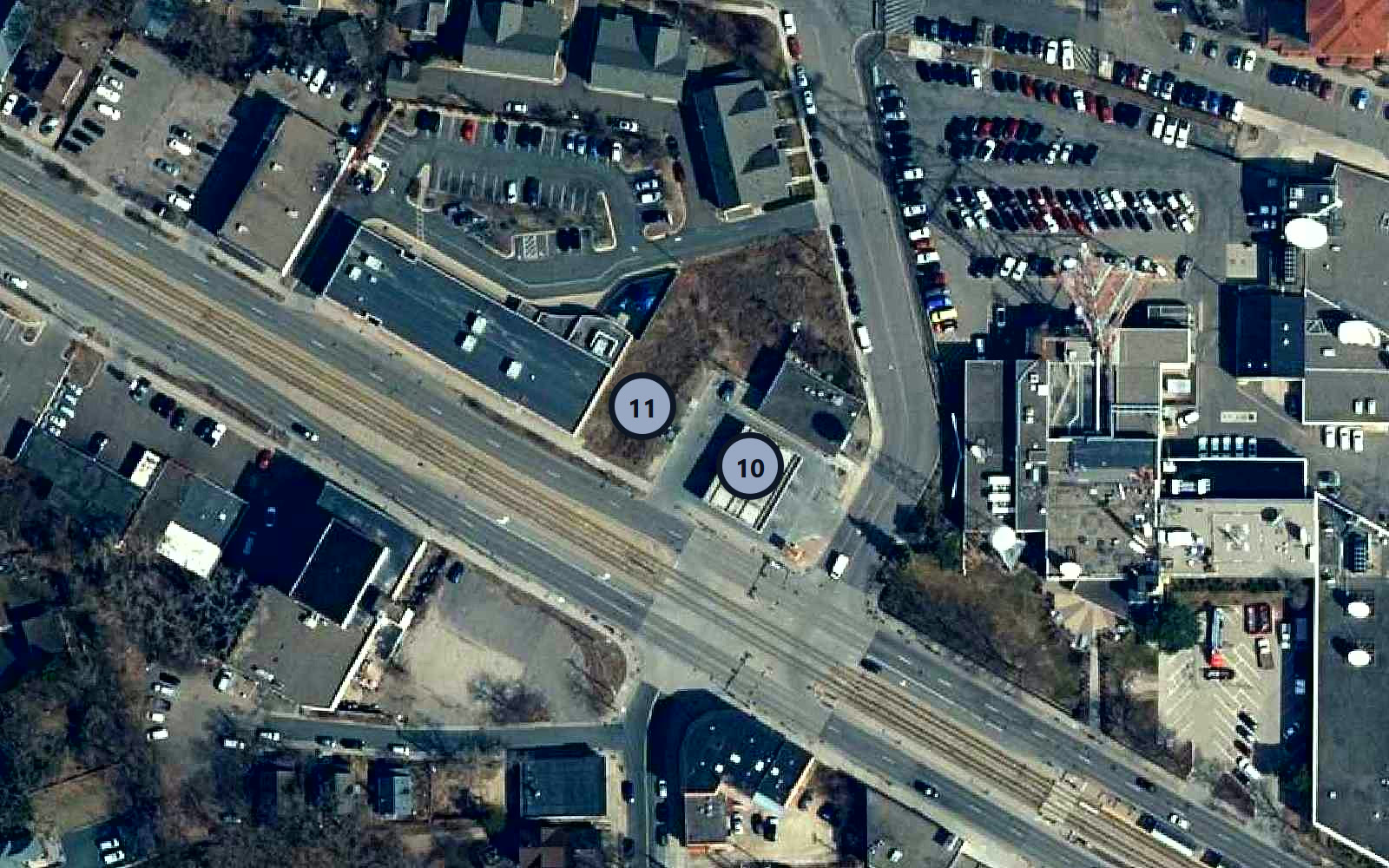 Aerial view of the University Avenue lot (11) with the Speedway east of it (10)